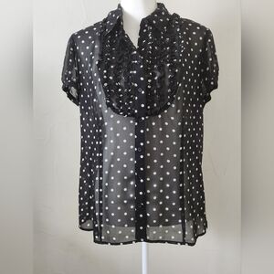 Style & Co. Black Polka Dot Ruffle Front Short Sleeve Blouse